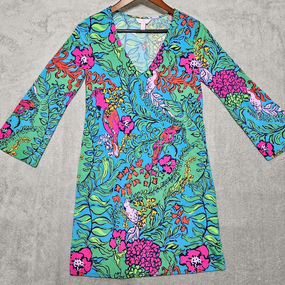 LILLY PULITZER Jade Dress Shake Your Tail Feathers Green V-Neck Sz Small